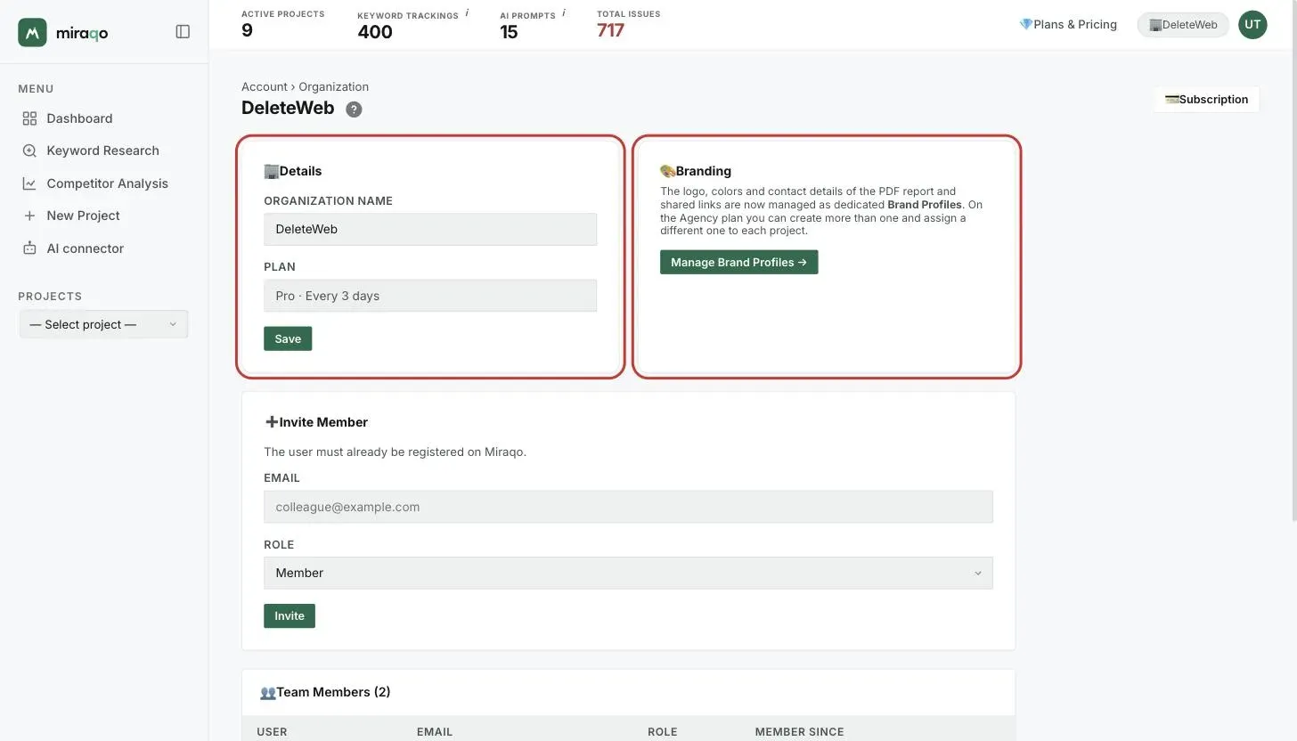 The Organisation page: the Details card with the organisation name, plan and Save, the Branding card with Manage Brand Profile and, below, the Invite Member form