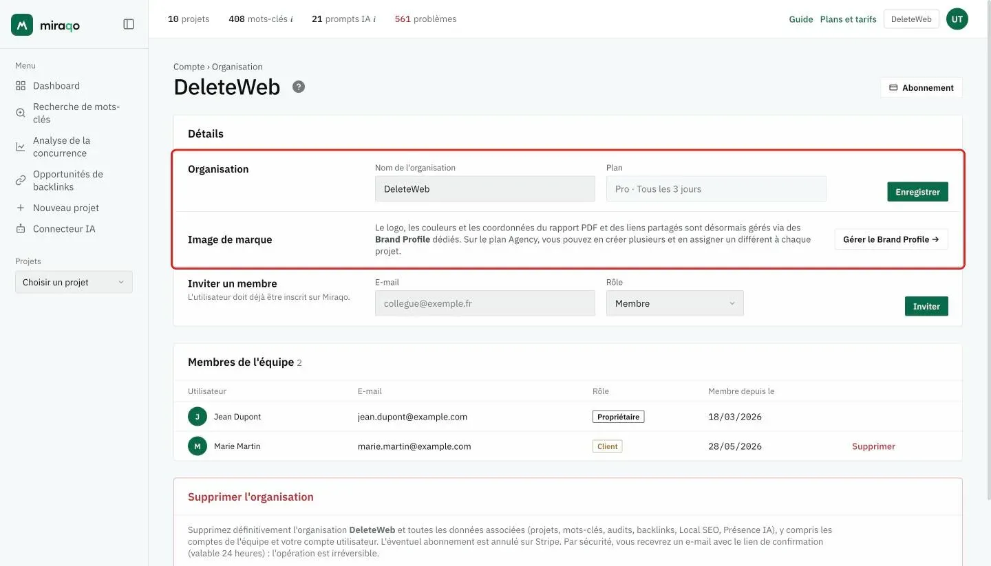 La page Organisation : mises en évidence, la carte Détails avec le nom de l’organisation, le plan et Enregistrer, la ligne Image de marque avec Gérer le Brand Profile et la ligne Inviter un membre ; en haut à droite le bouton Abonnement