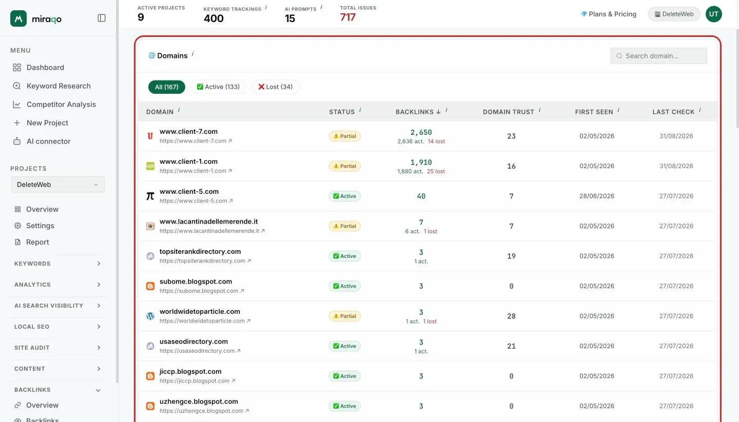 The Referring Domains page: the three stat cards Total, Active and Lost, the highlighted All, Active and Lost chip row with the domain search, and the table with domain, status, backlinks, Domain Rank and the first-seen and last-verified dates