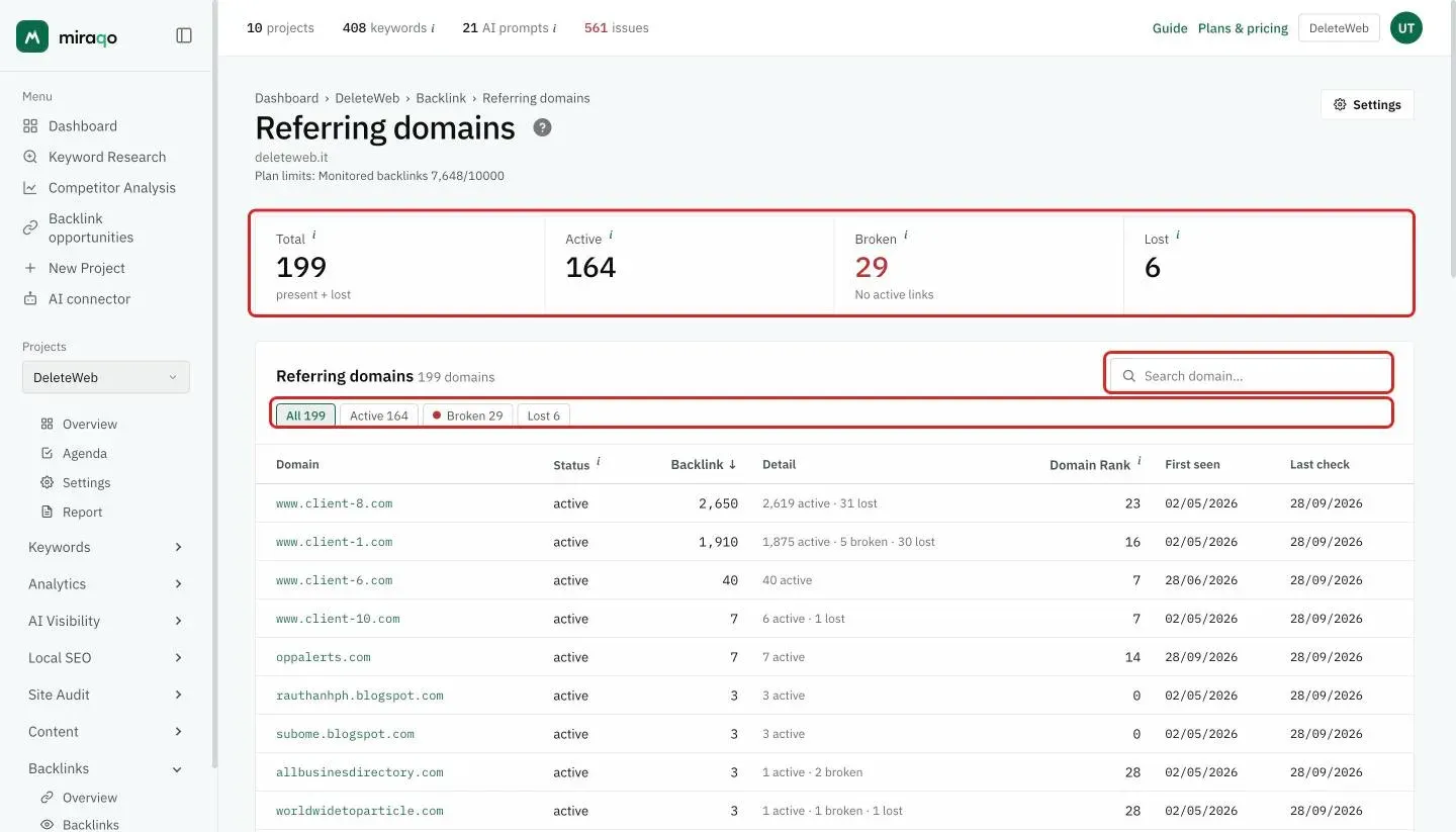 The Referring domains page with the four figures Total, Active, Broken and Lost, the All, Active, Broken and Lost chips and the domain search highlighted; below, the table with domain, status, backlinks, active and lost detail, Domain Rank and the first seen and last check dates