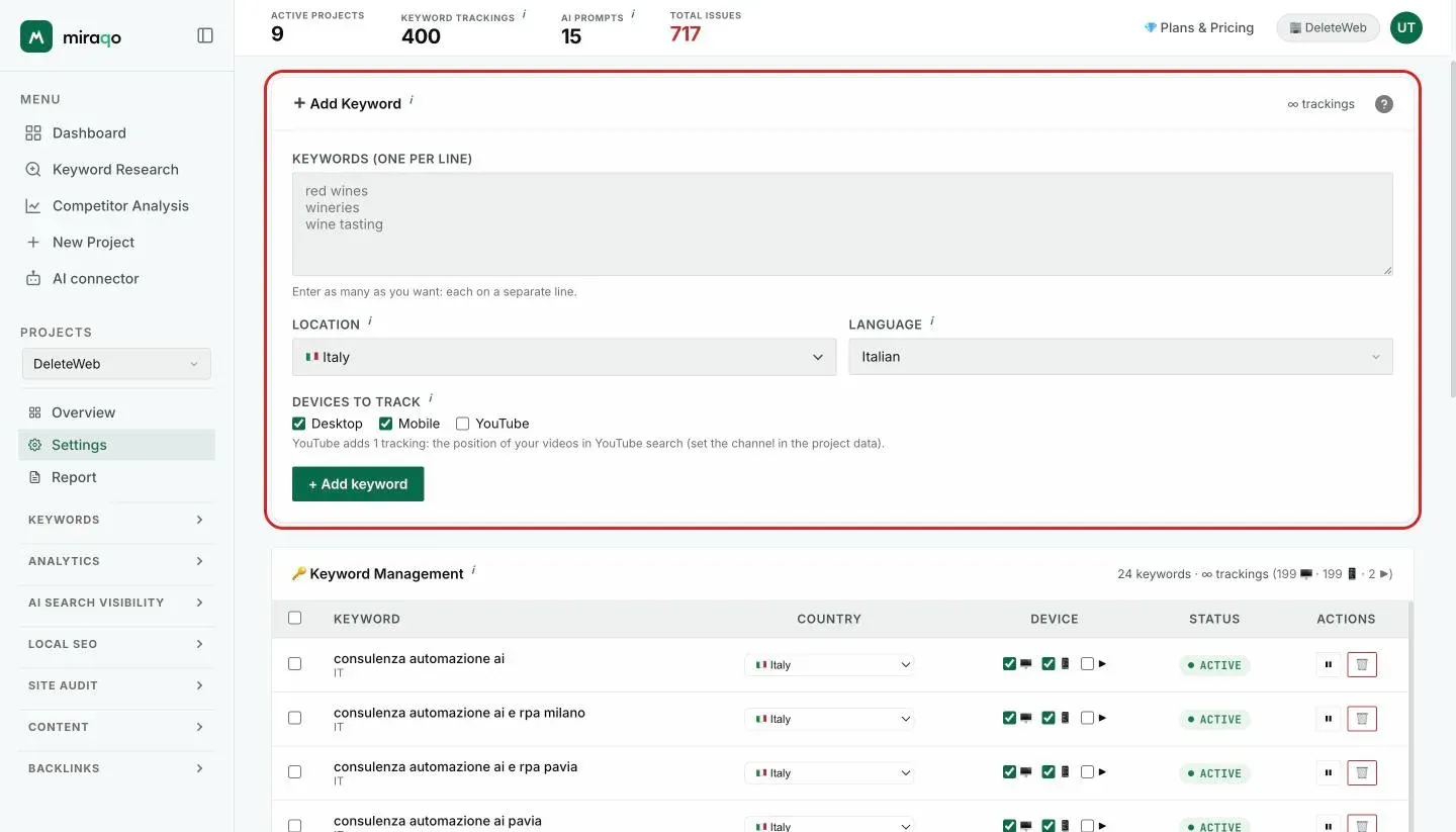 The Add Keyword form with the Desktop and Mobile checkboxes pre-selected among the devices to track