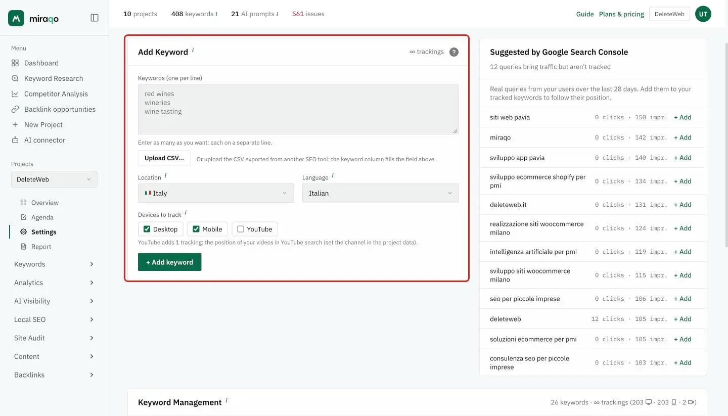 The Add Keyword form in Settings → Keywords: textarea with one keyword per line, below it the Upload CSV… button to import keywords from another tool, then Location, Language, the devices to track and the + Add keyword button