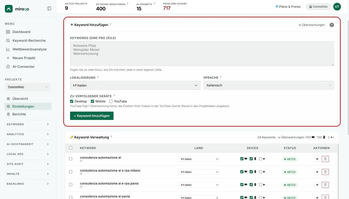 Das Formular Keyword hinzufügen in Einstellungen → Keywords: Textfeld mit einer Keyword pro Zeile, Lokalisierung, Sprache, die zu trackenden Geräte und der Button + Keyword hinzufügen