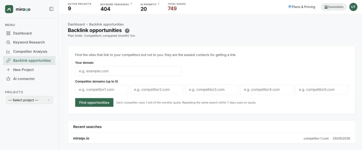 The Backlink opportunities page: the Your domain field, the five competitor domain fields, the Find opportunities button with the note on the allowance and below the Recent searches card