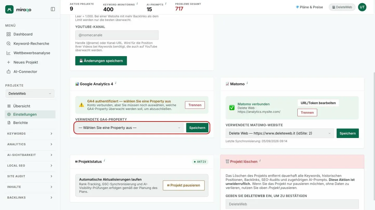 Die Karten Google Analytics 4 und Matomo nach der Authentifizierung, in Erwartung der Auswahl: das hervorgehobene Dropdown Verwendete GA4-Property mit dem Button Speichern