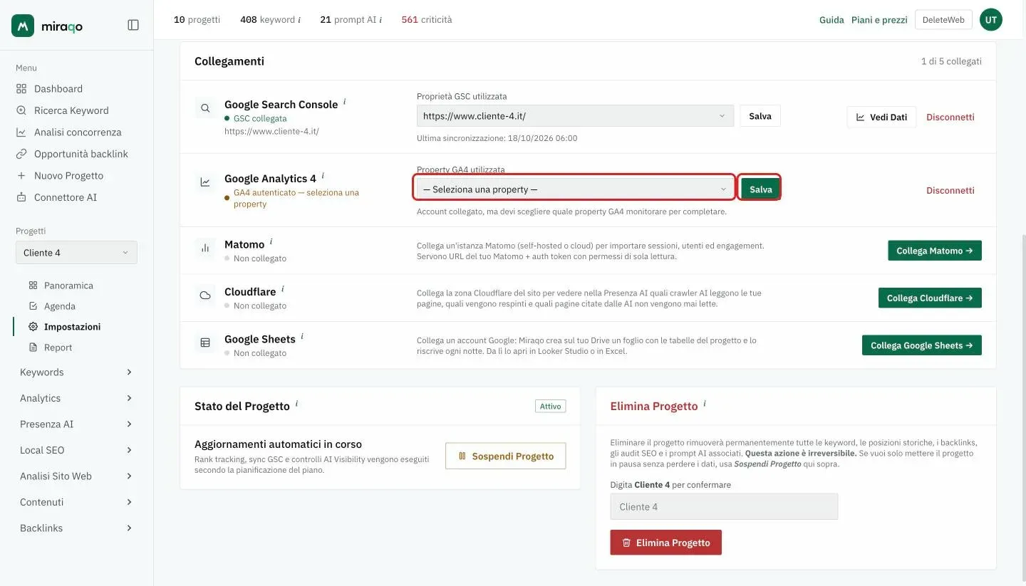 Le righe Google Analytics 4 e Matomo della card Collegamenti dopo l’autenticazione, in attesa della scelta: il menu Property GA4 utilizzata con il bottone Salva è evidenziato