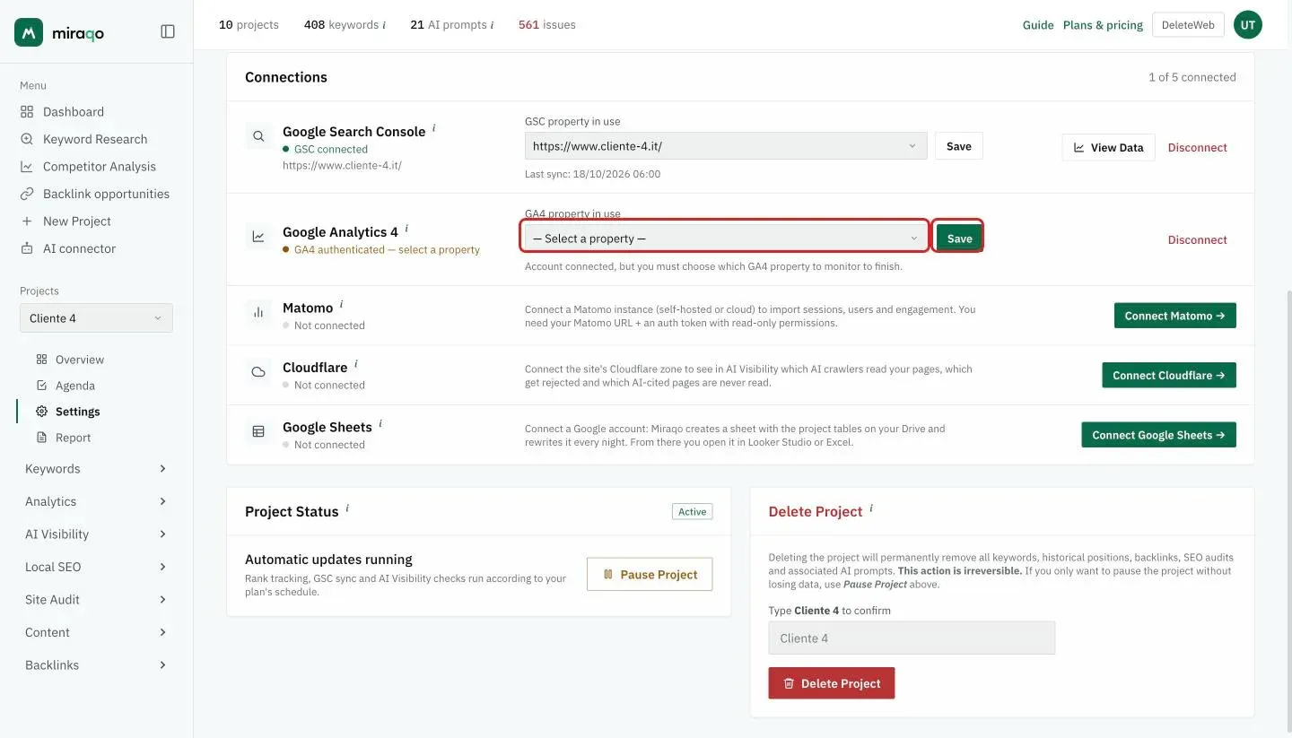 The Google Analytics 4 and Matomo rows of the Connections card after authentication, waiting for the selection: the GA4 property in use menu with the highlighted Save button
