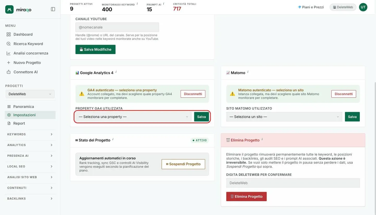 Le card Google Analytics 4 e Matomo dopo l’autenticazione, in attesa della scelta: il dropdown Property GA4 utilizzata con il bottone Salva è evidenziato