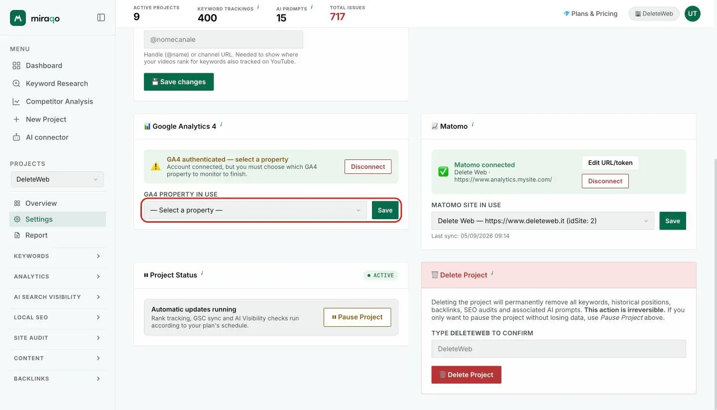 The Google Analytics 4 and Matomo cards after authentication, waiting for the selection: the GA4 property used dropdown with the highlighted Save button