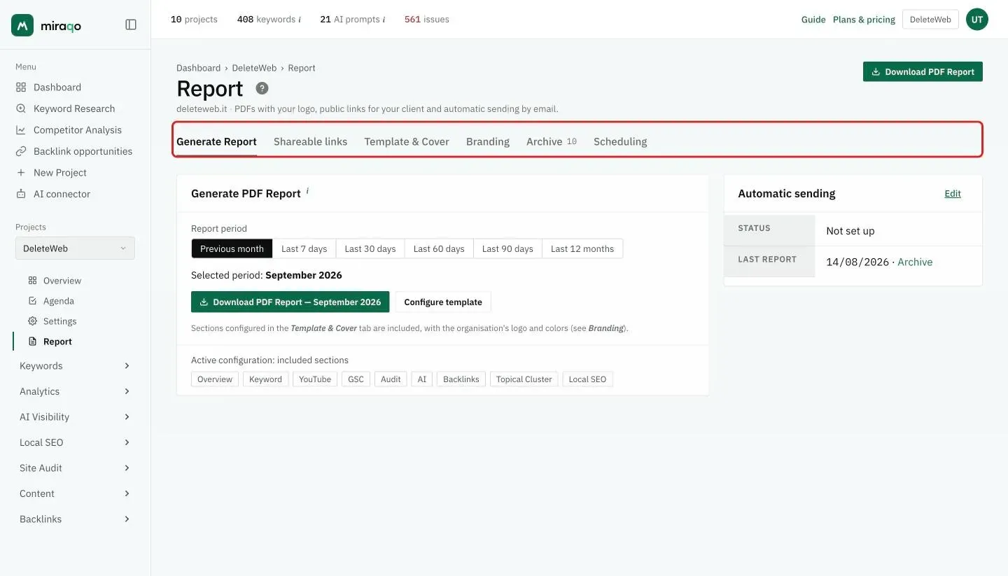 A project’s Report page with the six tabs highlighted: Generate Report, Shareable links, Template and Cover, Branding, Archive with the number of PDFs and Scheduling; below, the Generate tab with the periods, the Download PDF Report button for the chosen month, the included sections and on the right the Automatic sending card
