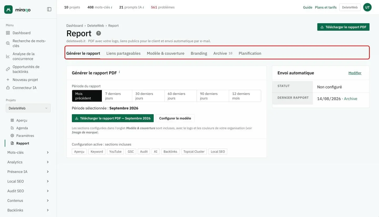 La page Rapport d’un projet avec les six onglets mis en évidence : Générer le rapport, Liens partageables, Modèle et couverture, Image de marque, Archive avec le nombre de PDF et Planification ; en dessous, l’onglet Générer avec les périodes, le bouton Télécharger le rapport PDF pour le mois choisi, les sections incluses et à droite la carte Envoi automatique