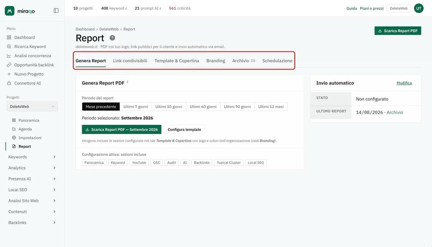 La pagina Report di un progetto con le sei schede evidenziate: Genera Report, Link condivisibili, Template e Copertina, Branding, Archivio con il numero di PDF e Schedulazione; sotto, la scheda Genera con i periodi, il pulsante Scarica Report PDF del mese scelto, le sezioni incluse e a destra la card Invio automatico