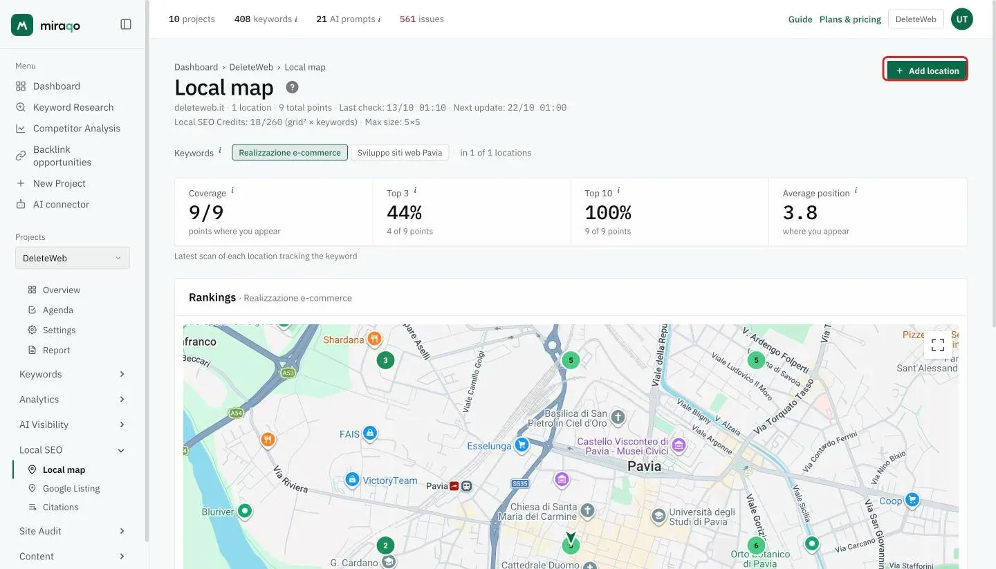 The top part of the Local map page: the + Add location button highlighted in the top right, the Local SEO credits used out of the total, the keyword buttons and, below, the four figures Coverage, Top 3, Top 10 and Average position for the selected keyword