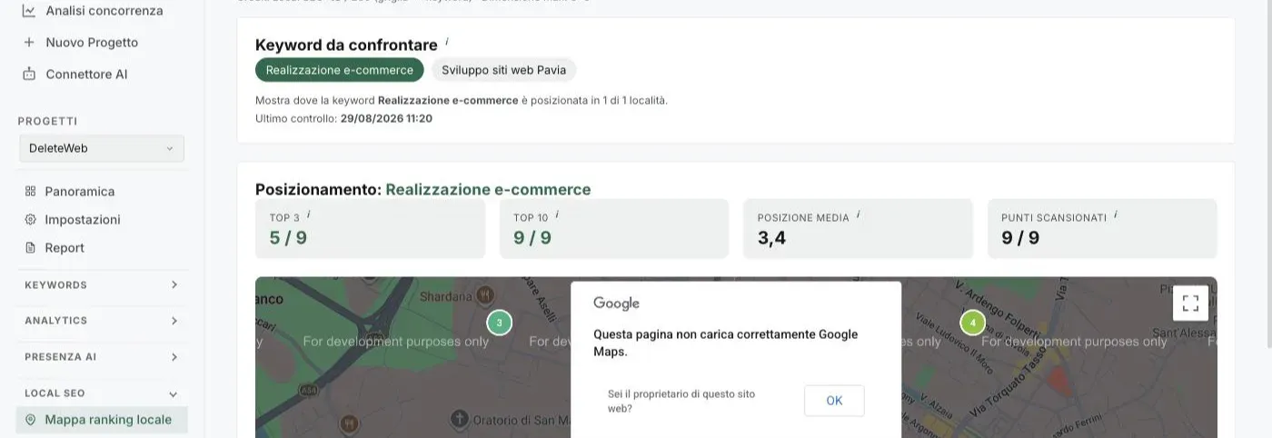 La parte alta della pagina Local SEO: il pulsante + Aggiungi località evidenziato in alto a destra, i crediti Local usati sul totale, i chip Keyword da confrontare con l’ultimo controllo e, sotto, le quattro stat Top 3, Top 10, Posizione media e Punti scansionati per la keyword selezionata