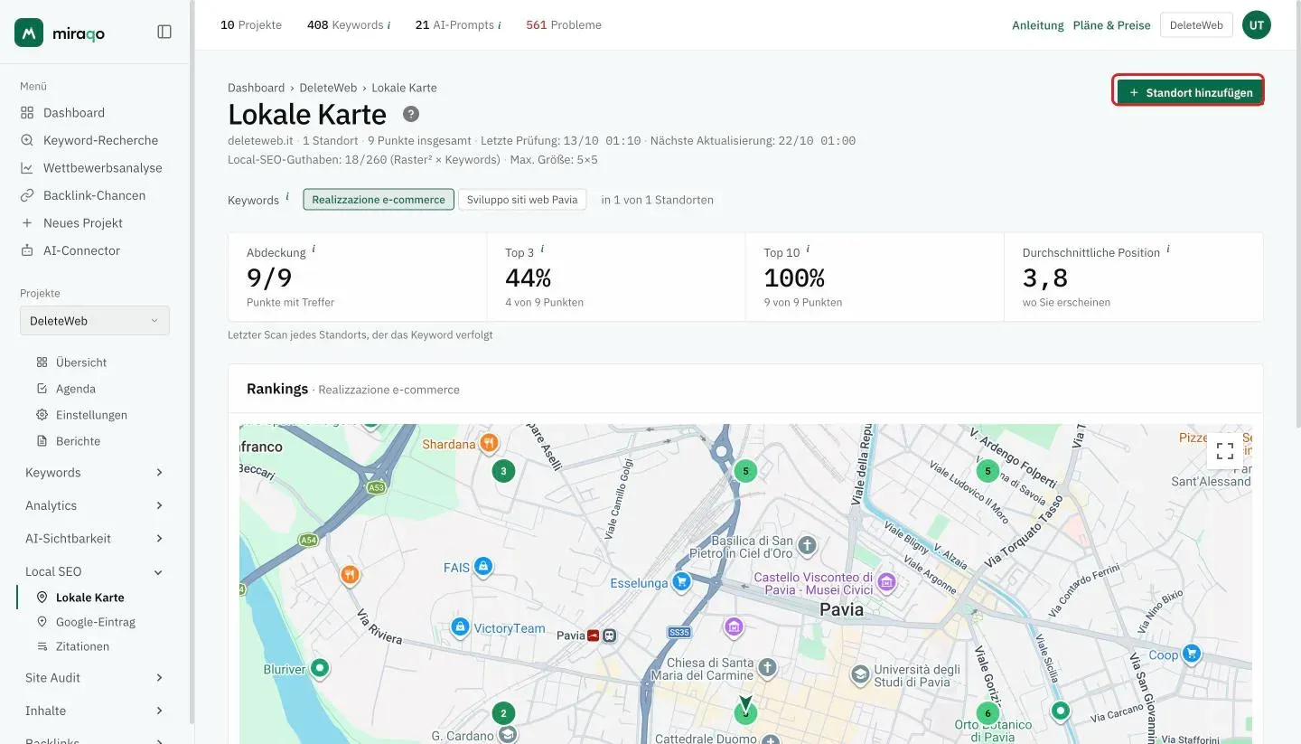 Der obere Teil der Seite Lokale Karte: der hervorgehobene Button + Standort hinzufügen oben rechts, das genutzte Local-SEO-Guthaben im Verhältnis zum Gesamt, die Keyword-Buttons und darunter die vier Kennzahlen Abdeckung, Top 3, Top 10 und Durchschnittliche Position für die gewählte Keyword