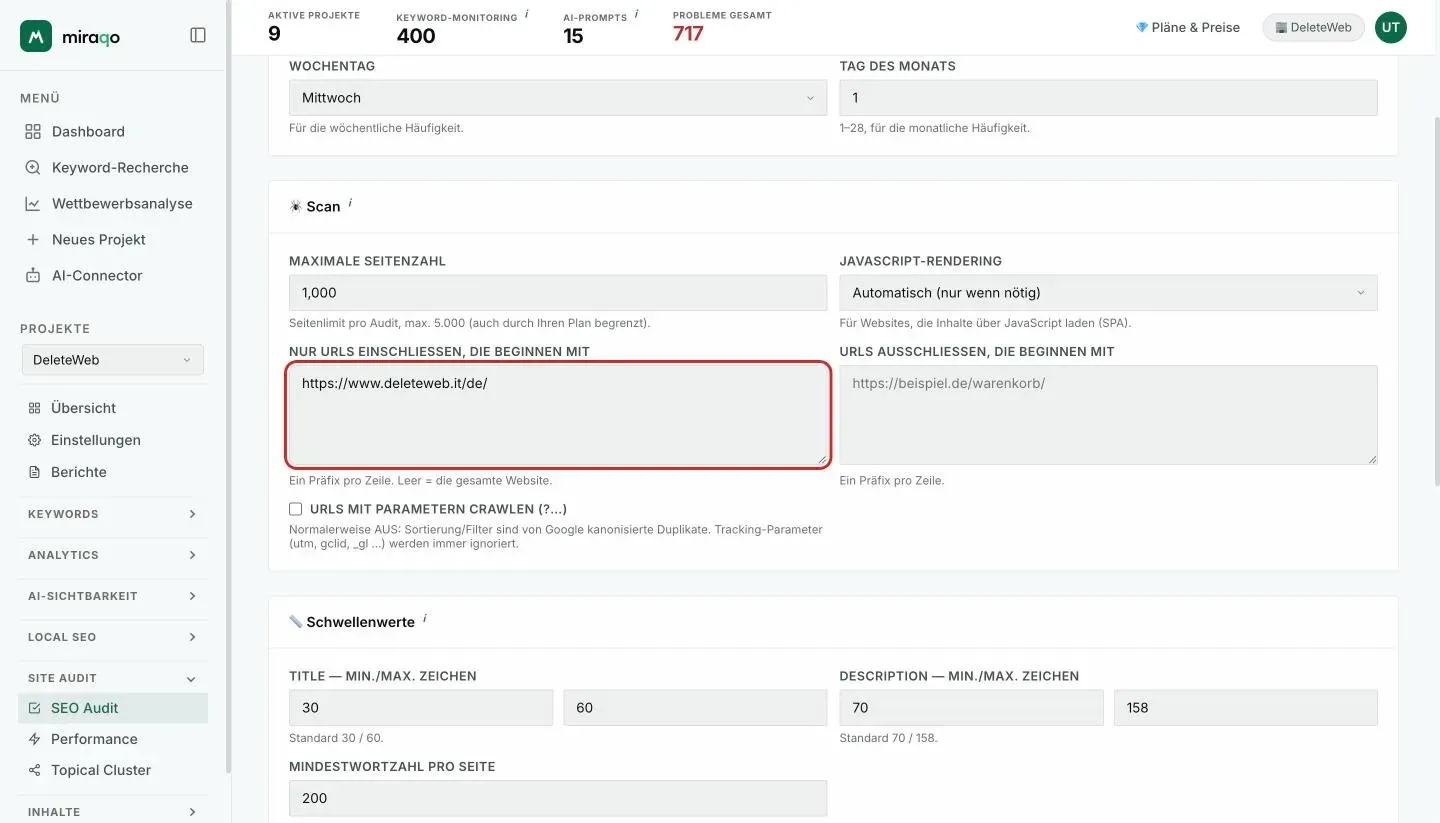 Die Karte Crawl der Audit-Einstellungen mit dem hervorgehobenen Feld Nur URLs einschließen, die beginnen mit und einem eingetragenen Sprachpräfix, ein Präfix pro Zeile