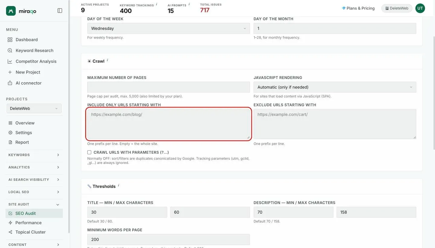 The Crawl card in Audit settings with the Include only URLs that start with box highlighted and a language prefix entered, one prefix per line