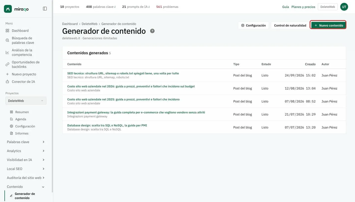 La página Generador de contenido: la tabla Contenidos generados con título, tipo, estado Listo, fecha de creación y autor de cada borrador, y arriba a la derecha los botones Configuración, Control de naturalidad y Nuevo contenido resaltado
