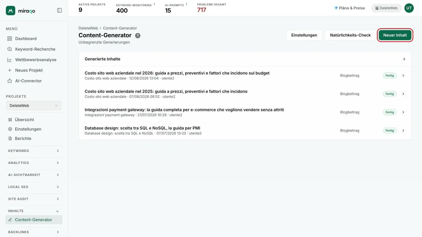 Die Seite Content-Generator: die Liste Generierte Inhalte mit Typ, Datum und dem Status Bereit für jeden Entwurf, und oben rechts die Buttons Einstellungen, Natürlichkeits-Check und der hervorgehobene Button Neuer Content