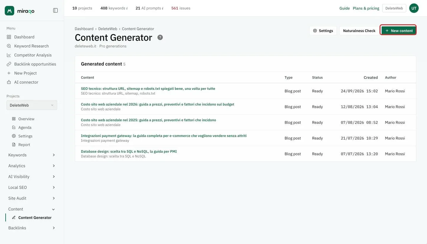 The Content Generator page: the Generated content table with title, type, Ready status, creation date and author of each draft, and in the top right the Settings, Naturalness Check and highlighted New content buttons
