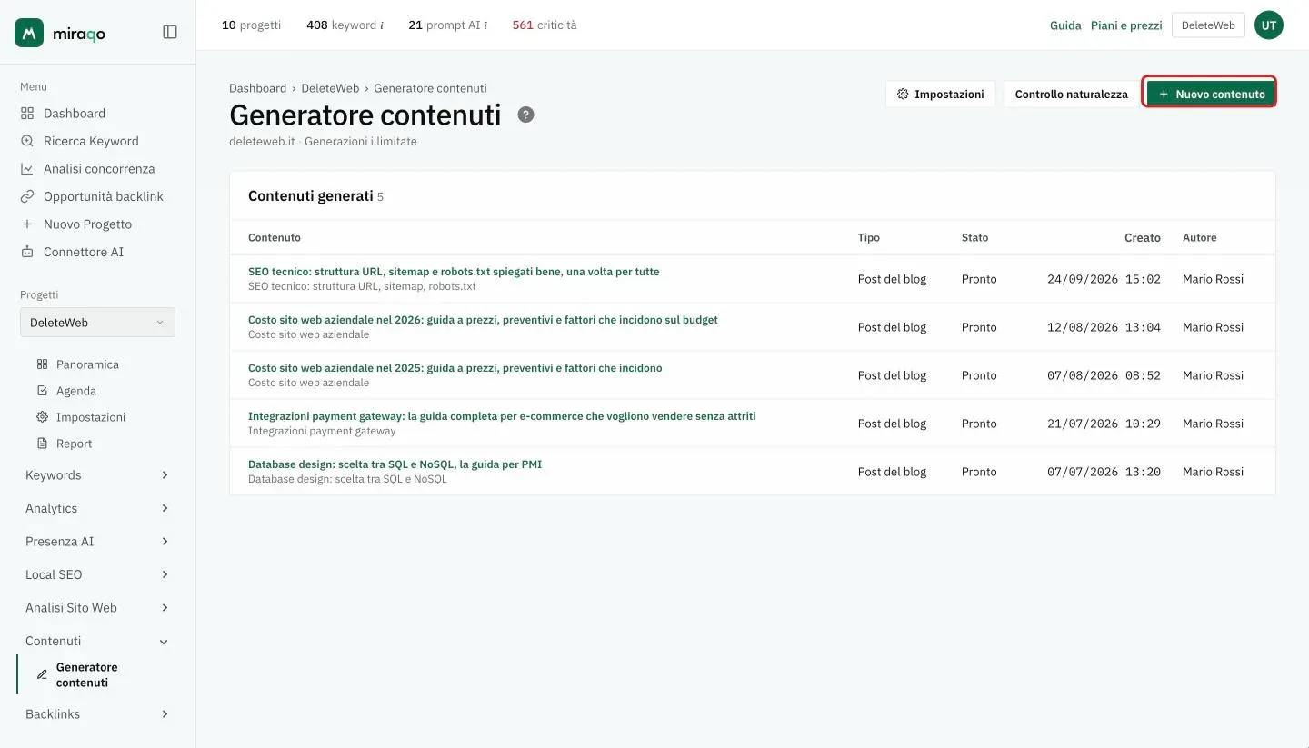 La pagina Generatore contenuti: la tabella Contenuti generati con titolo, tipo, stato Pronto, data di creazione e autore di ogni bozza, e in alto a destra i pulsanti Impostazioni, Controllo naturalezza e Nuovo contenuto evidenziato
