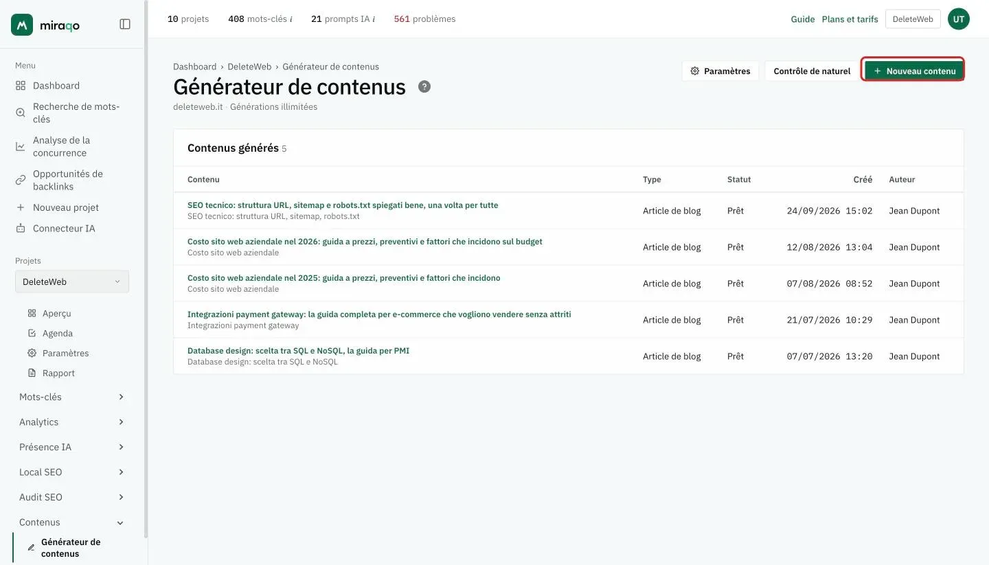 La page Générateur de contenus : le tableau Contenus générés avec titre, type, statut Prêt, date de création et auteur de chaque brouillon, et en haut à droite les boutons Paramètres, Contrôle de naturel et Nouveau contenu, ce dernier mis en évidence