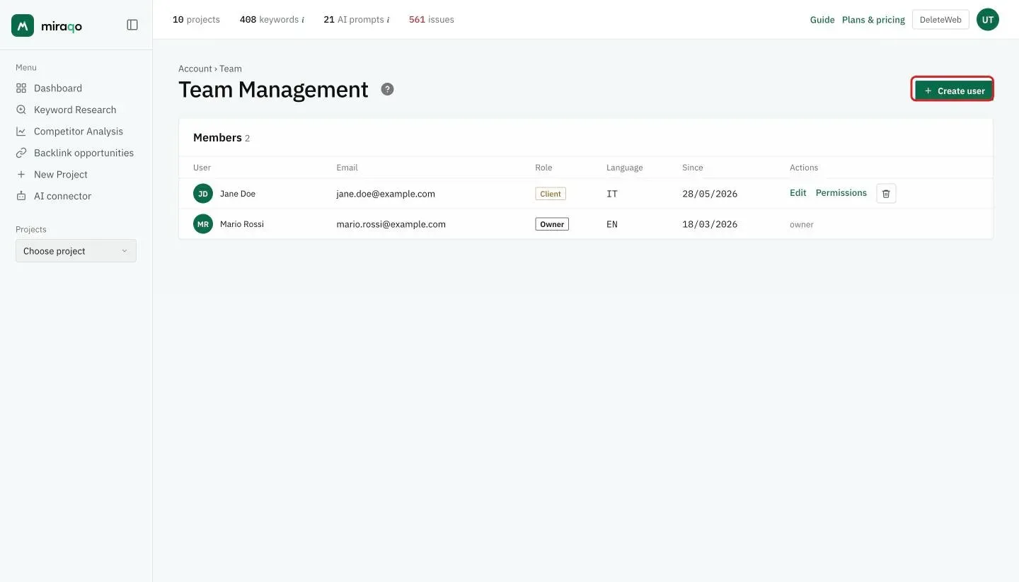 The Team Management page: the Members table with user, email, role, language and date, the Edit and Permissions actions and the bin for the Client user, and the highlighted Create user button in the top right