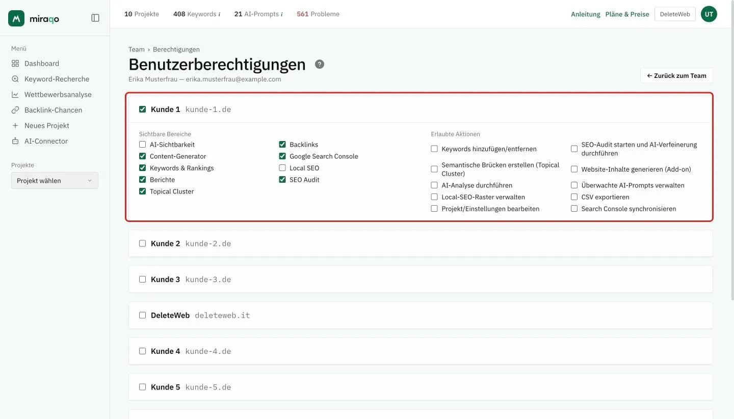 Die Seite Benutzerberechtigungen: hervorgehoben das erste Projekt mit angehakter Zugriffs-Checkbox, geöffnet auf den beiden Gruppen Sichtbare Bereiche und Erlaubte Aktionen, die anderen Projekte geschlossen mit nur der Checkbox neben Name und Domain