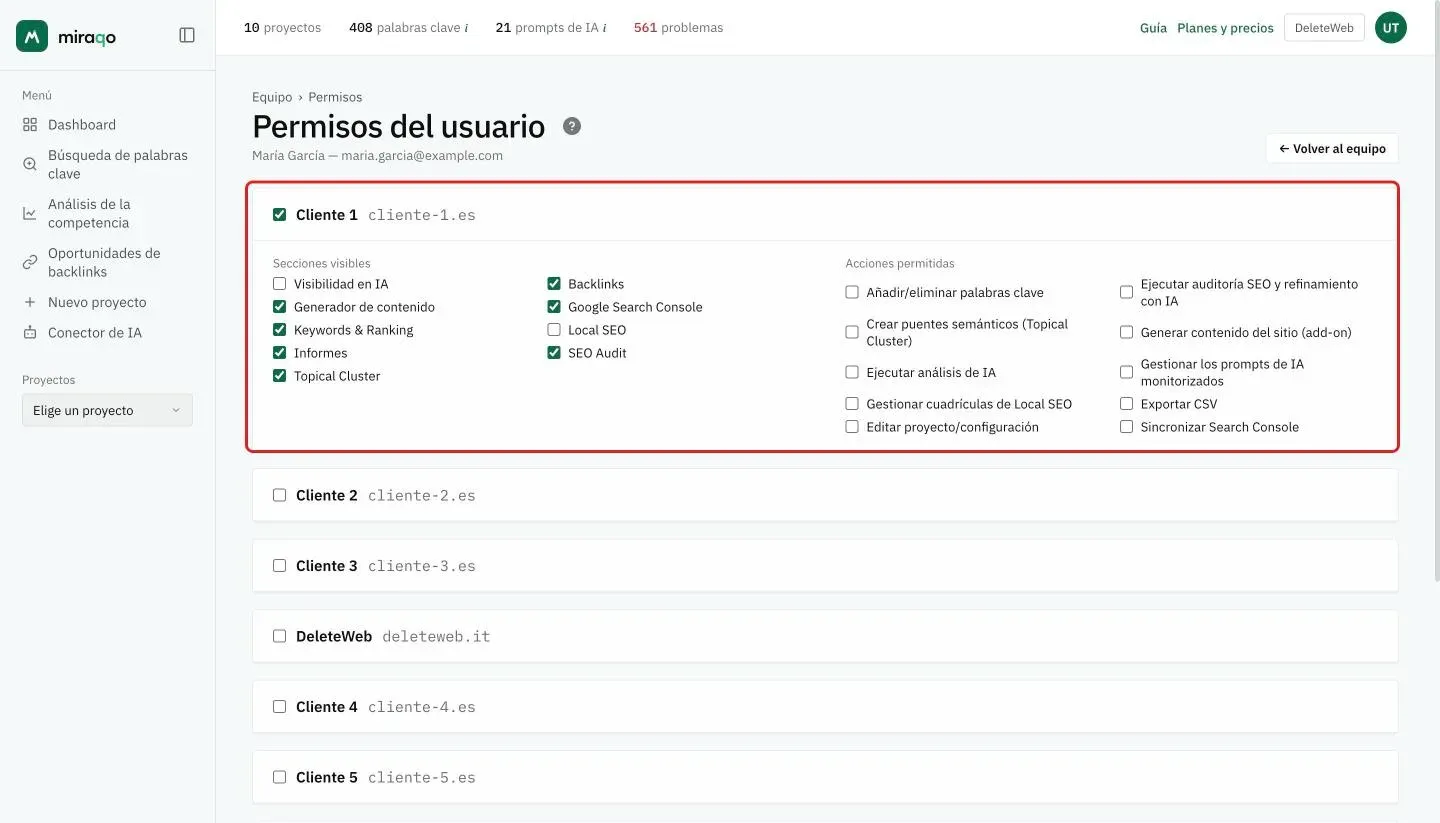 La página Permisos del usuario: resaltado, el primer proyecto con la casilla de acceso marcada y abierto en los dos grupos Secciones visibles y Acciones permitidas, los demás proyectos cerrados con solo la casilla junto al nombre y al dominio