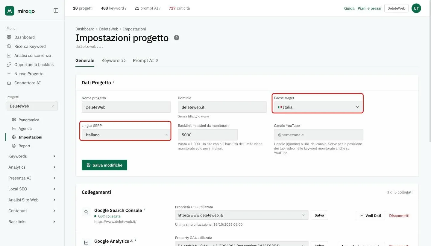Impostazioni → Generale di un progetto: i campi Paese target e Lingua SERP evidenziati, sotto Nome progetto e Dominio