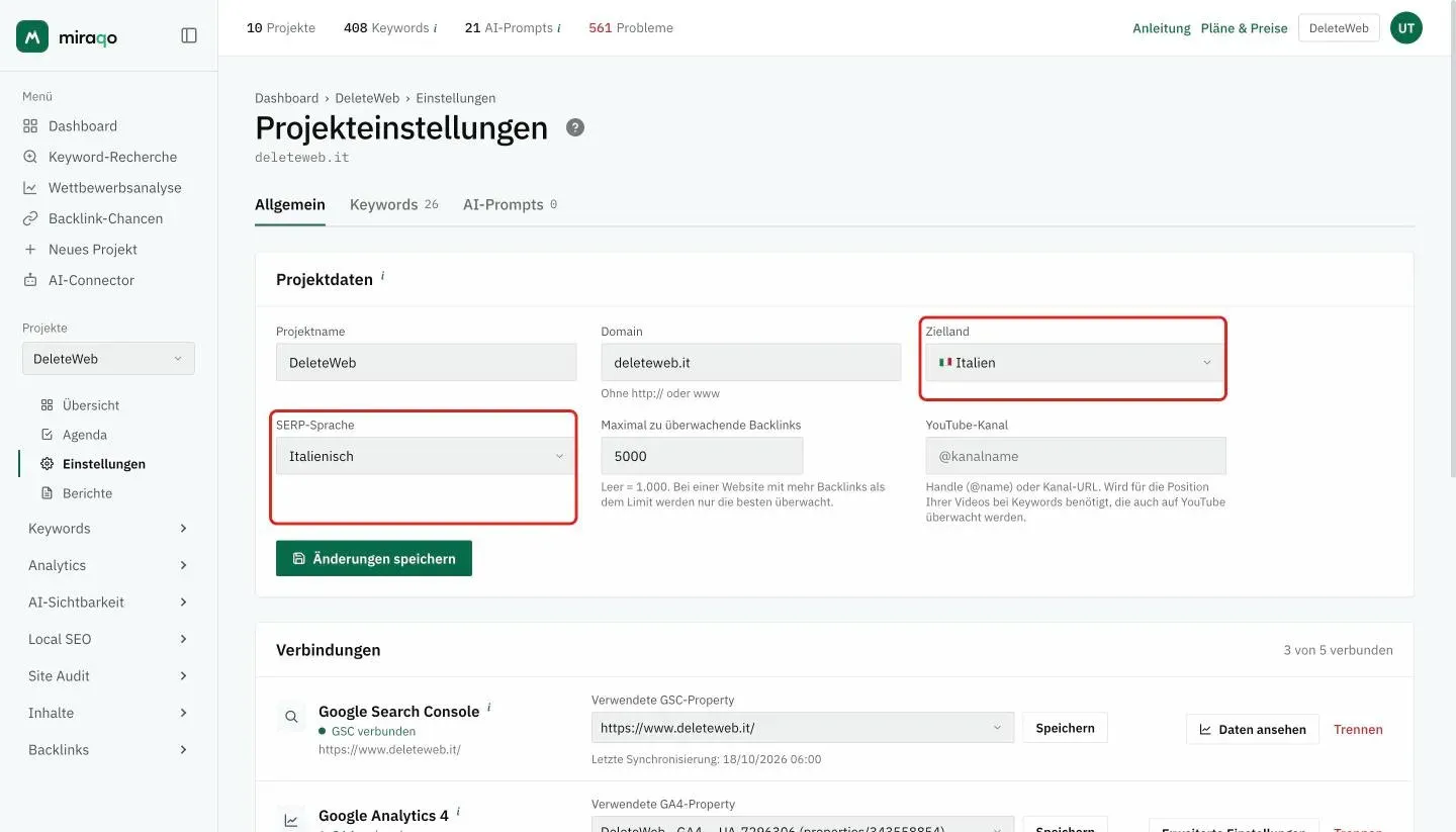 Einstellungen → Allgemein eines Projekts: die hervorgehobenen Felder Zielland und SERP-Sprache, unter Projektname und Domain