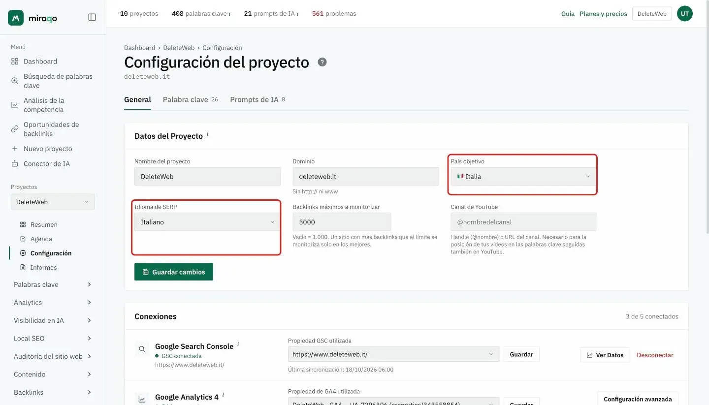 Configuración → General de un proyecto: los campos País objetivo e Idioma de búsqueda resaltados, debajo de Nombre del proyecto y Dominio