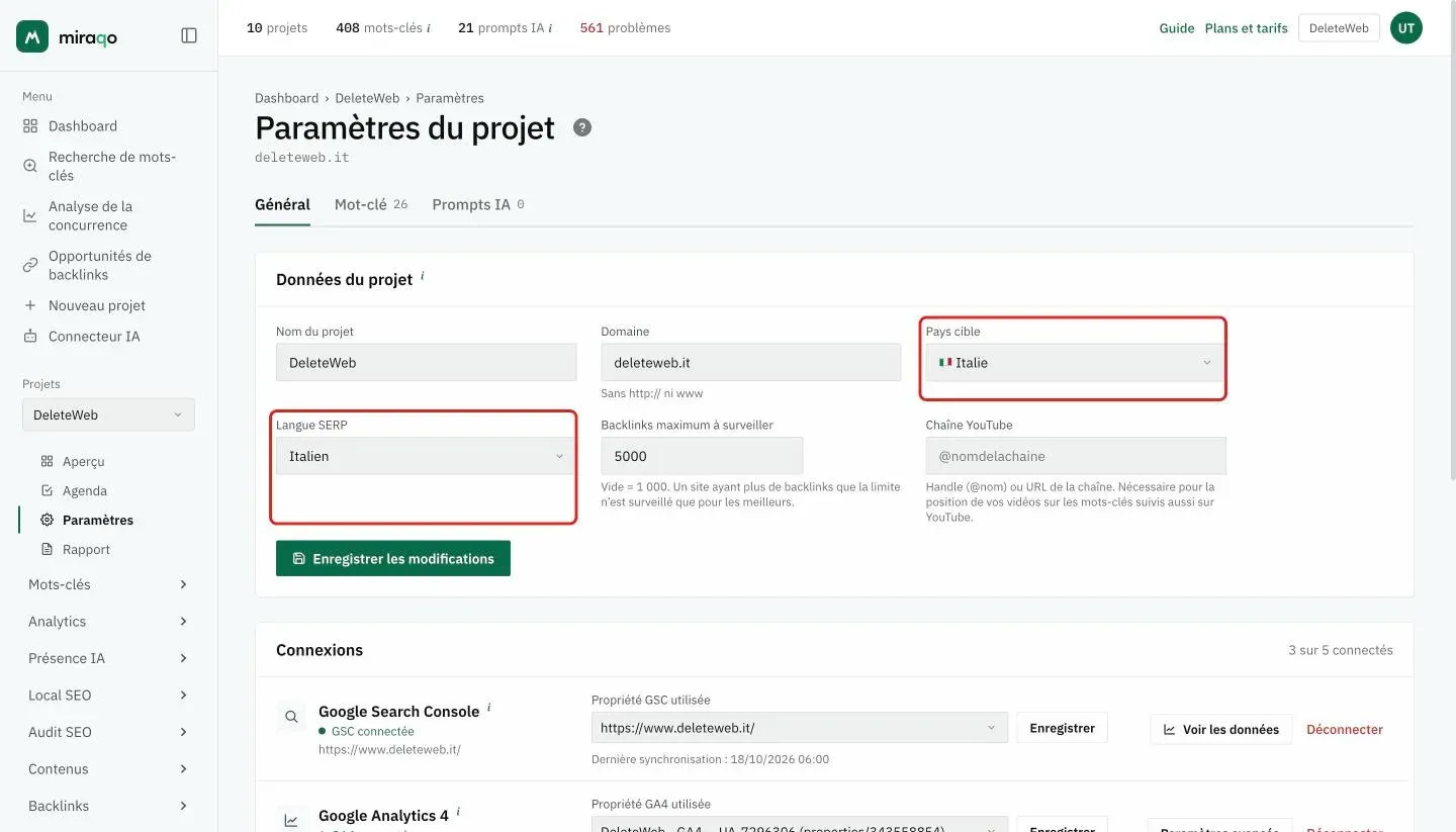 Paramètres → Général d’un projet : les champs Pays cible et Langue SERP mis en évidence, sous Nom du projet et Domaine