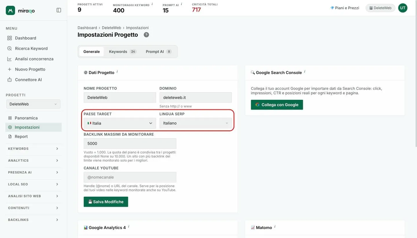 Impostazioni → Generale di un progetto: i campi Paese target e Lingua SERP evidenziati, sotto Nome progetto e Dominio