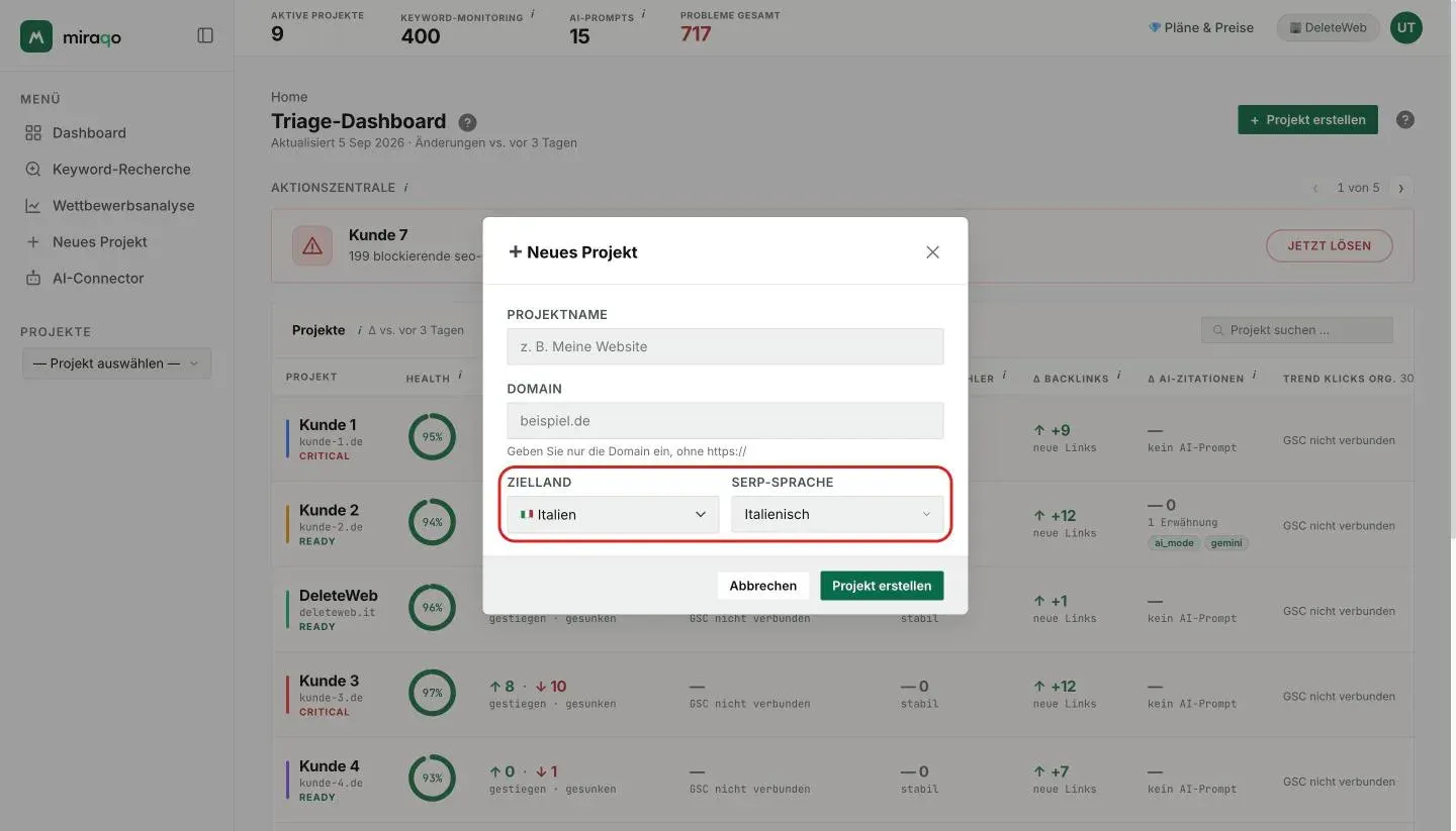 Einstellungen → Allgemein eines Projekts: die hervorgehobenen Felder Zielland und Suchsprache, unter Projektname und Domain