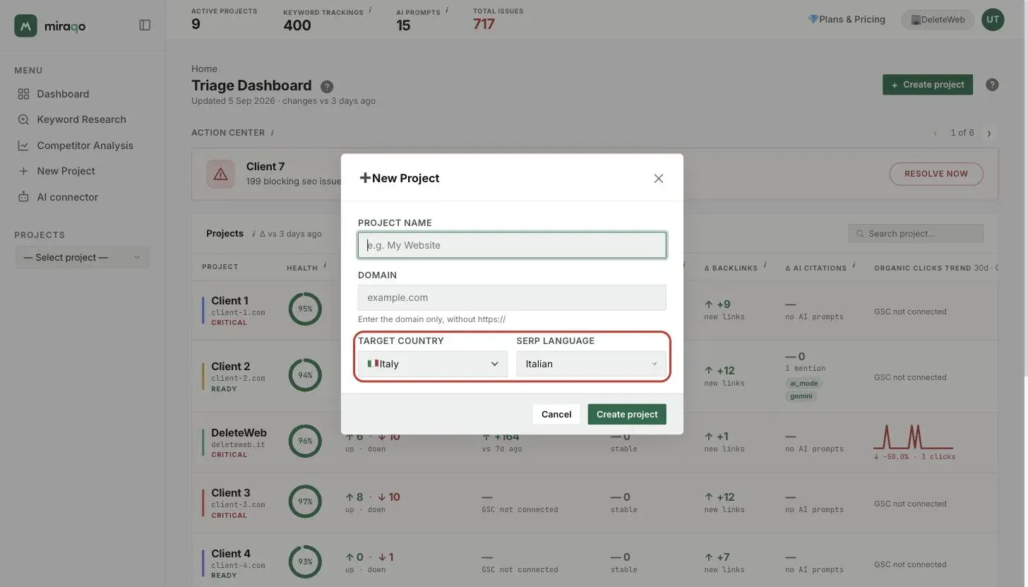 Settings → General of a project: the Target country and Search language fields, highlighted, below Project name and Domain