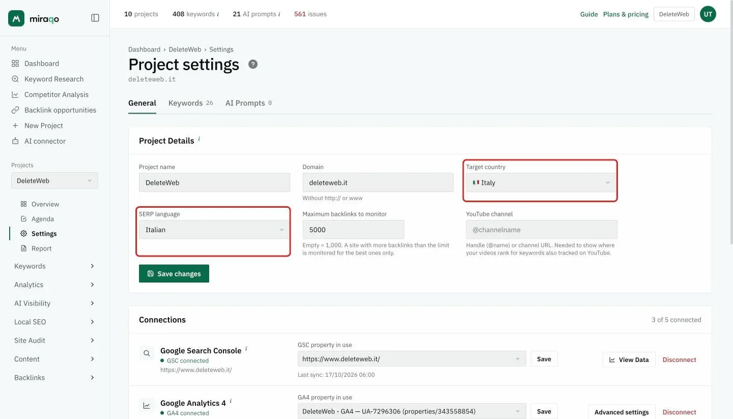 Settings → General of a project: the Target country and SERP language fields, highlighted, below Project name and Domain
