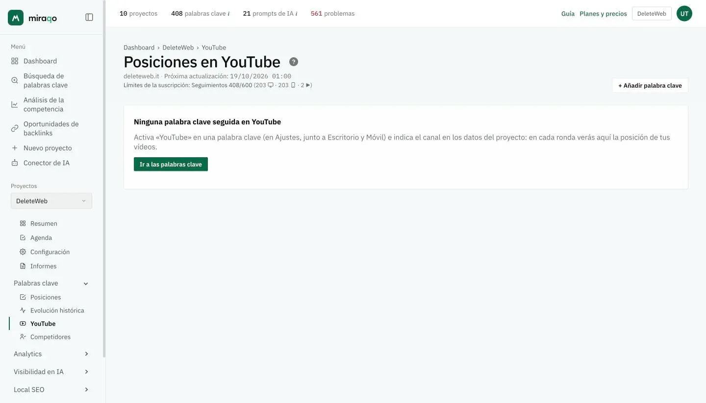 La página Posiciones en YouTube de un proyecto sin palabras clave activadas: el mensaje explica cómo activar YouTube en una palabra clave y configurar el canal, con el botón Ir a palabras clave