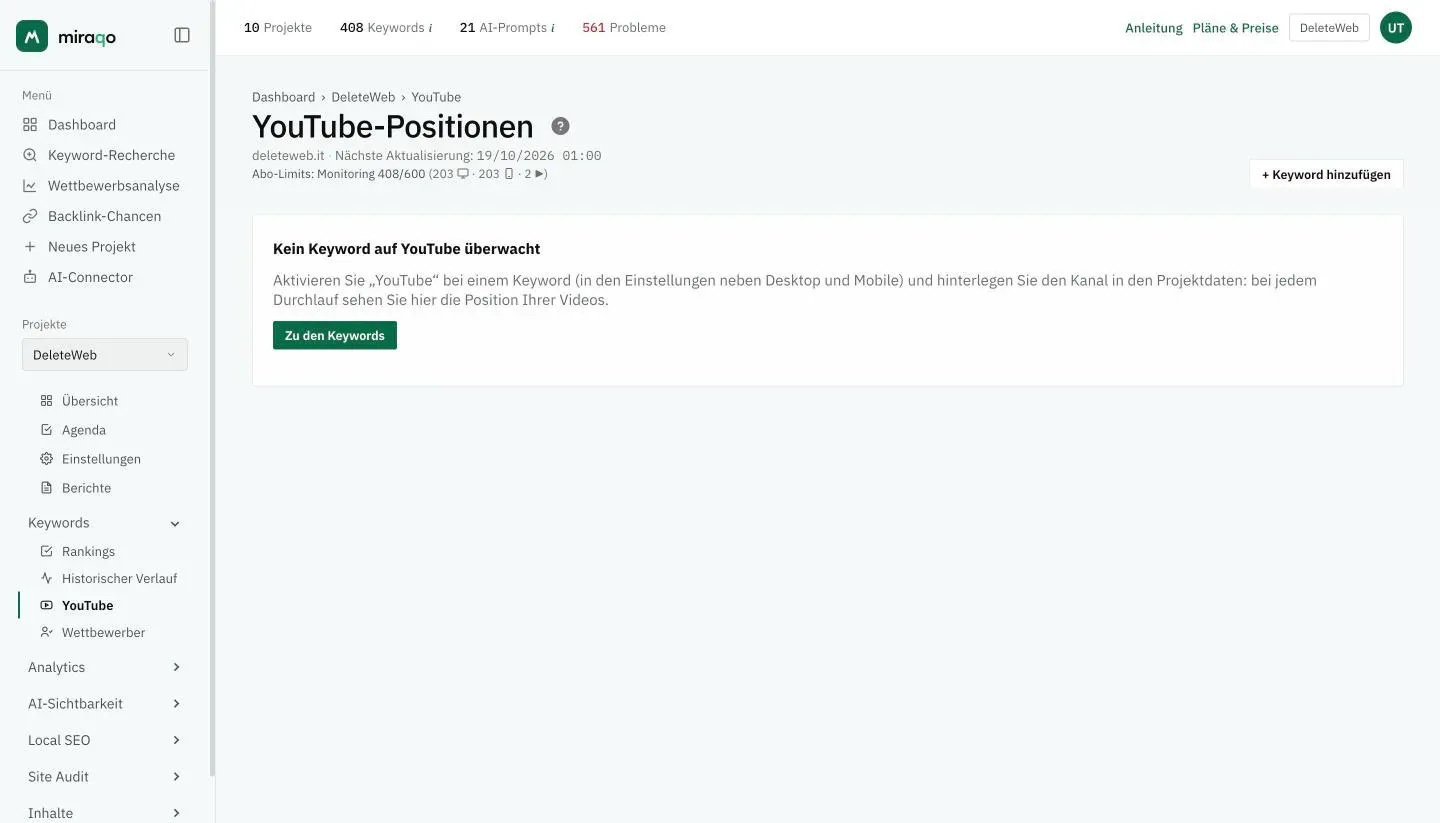 Die Seite YouTube-Positionen eines Projekts ohne aktivierte Keywords: die Meldung erklärt, wie du YouTube bei einer Keyword aktivierst und den Kanal einstellst, mit dem Button Zu den Keywords