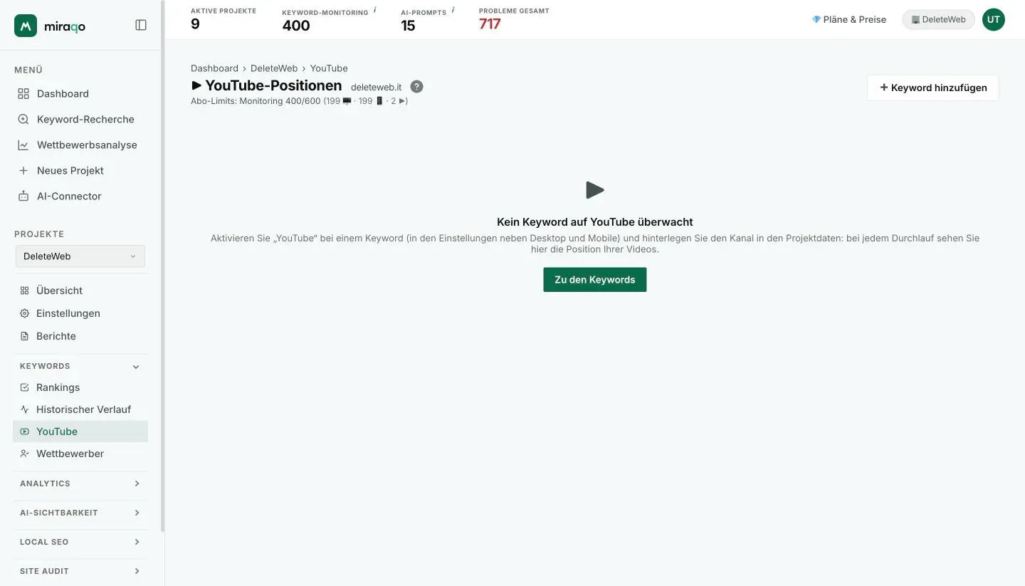 Die Seite YouTube-Positionen eines Projekts ohne aktivierte Keywords: die Meldung erklärt, wie du YouTube bei einer Keyword aktivierst und den Kanal einstellst, mit dem Button Zu den Keywords