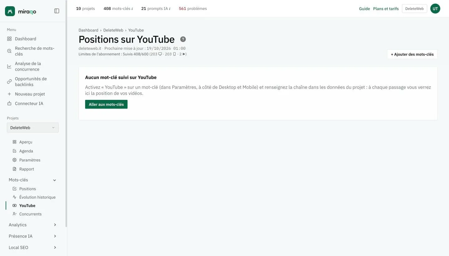 La page Positions sur YouTube d’un projet sans mot-clé activé : le message explique comment activer YouTube sur un mot-clé et configurer la chaîne, avec le bouton Aller aux mots-clés