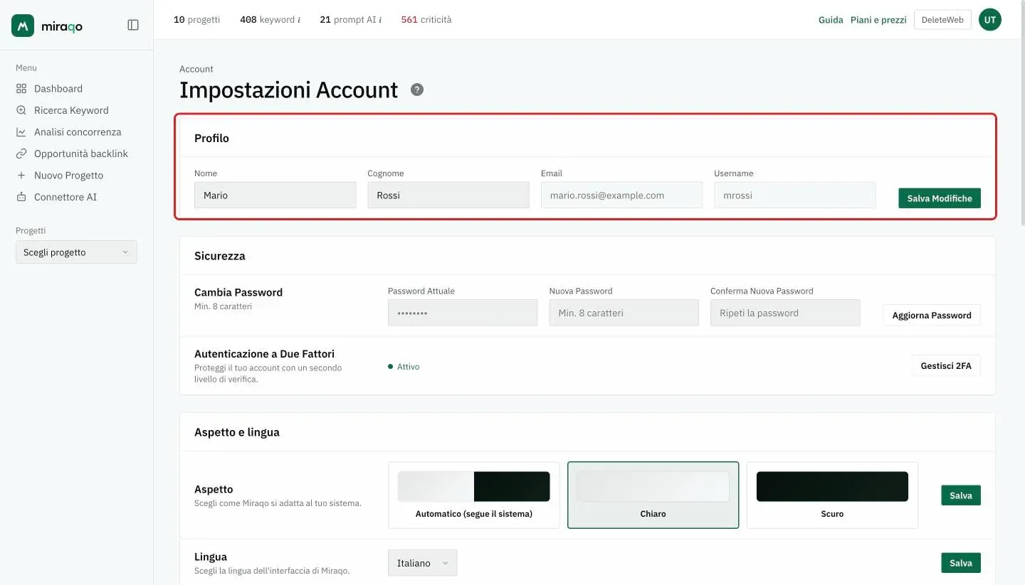 La pagina Impostazioni Account: la card Profilo evidenziata con nome, cognome, email, username e Salva Modifiche; sotto la card Sicurezza con Cambia Password (password attuale, nuova e conferma) e l’Autenticazione a Due Fattori