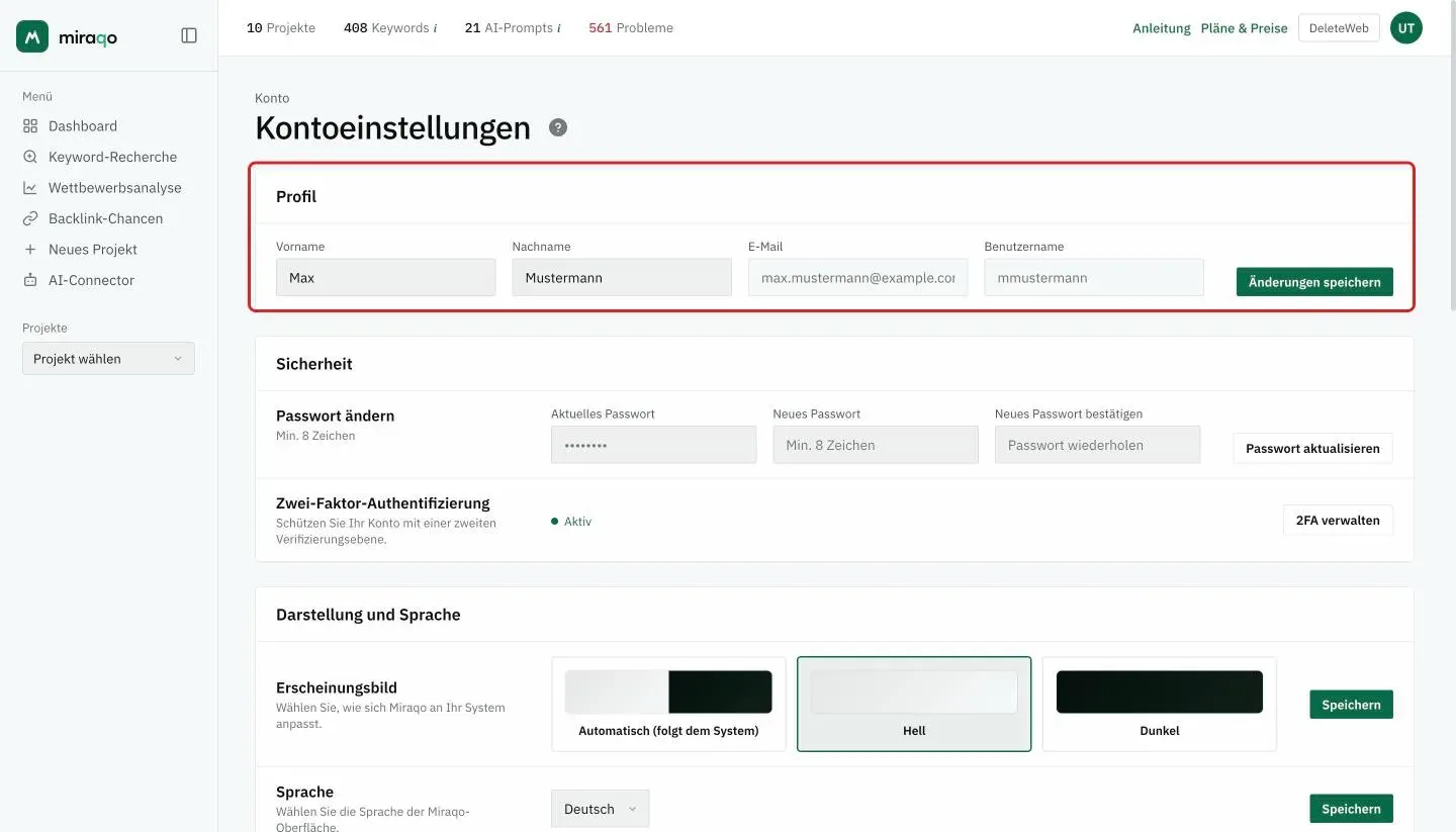 Die Seite Kontoeinstellungen: die hervorgehobene Karte Profil mit Vorname, Nachname, E-Mail, Benutzername und Änderungen speichern; darunter die Karte Sicherheit mit Passwort ändern (aktuelles, neues und bestätigtes Passwort) und Zwei-Faktor-Authentifizierung