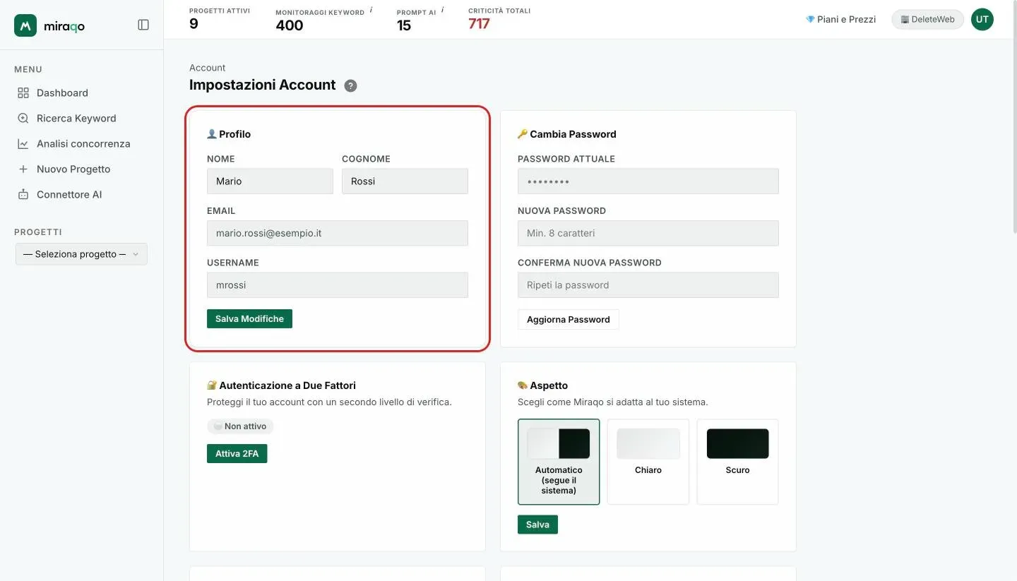 La pagina Impostazioni Account: la card Profilo evidenziata con nome, cognome, email, username e Salva Modifiche; accanto la card Cambia Password con password attuale, nuova e conferma