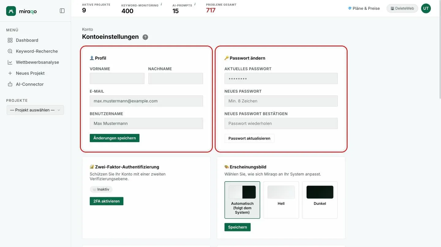 Die Seite Kontoeinstellungen: die hervorgehobene Karte Profil mit Vorname, Nachname, E-Mail, Benutzername und Änderungen speichern; daneben die Karte Passwort ändern mit aktuellem Passwort, neuem Passwort und Bestätigung