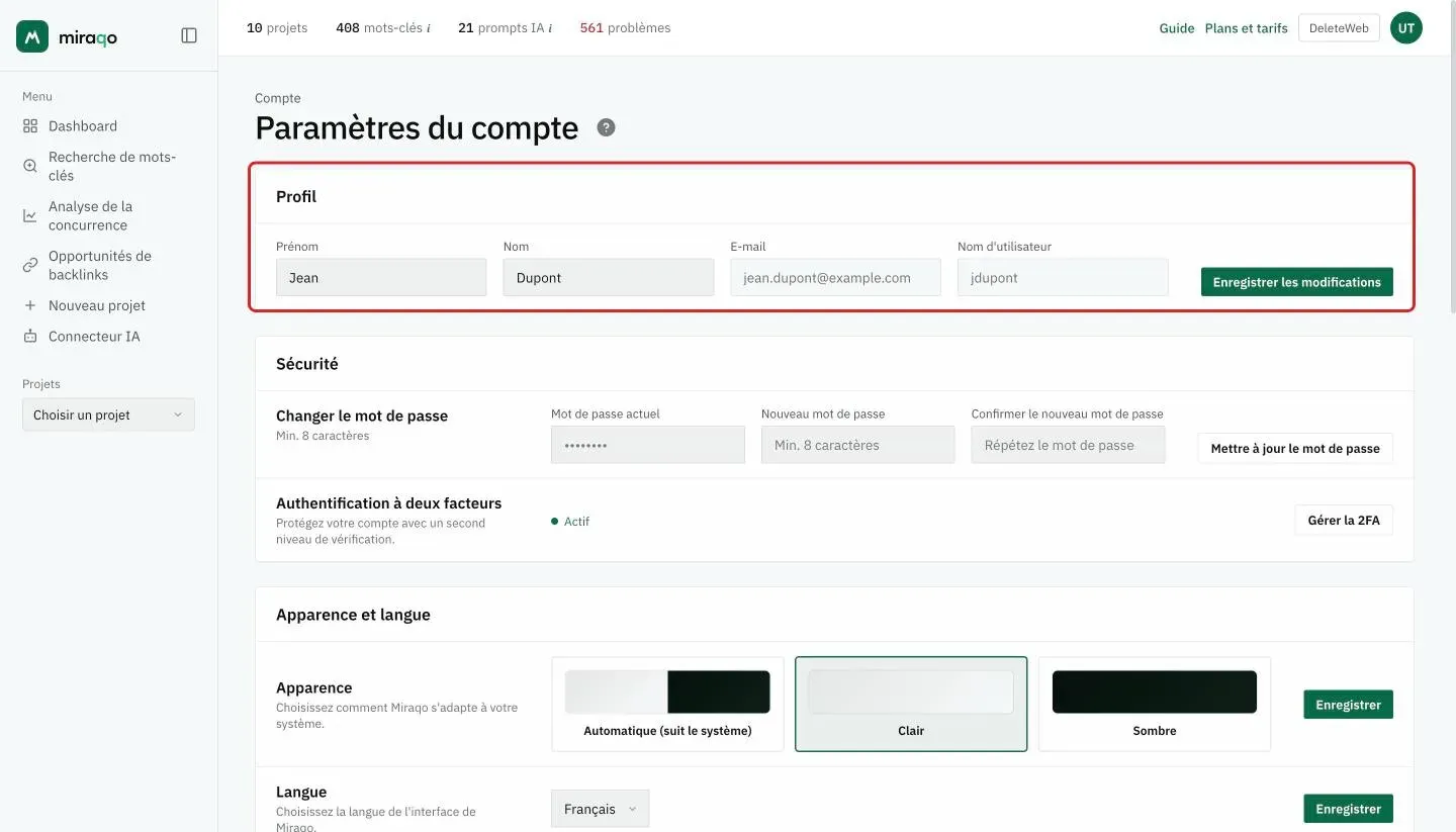 La page Paramètres du compte : la carte Profil, mise en évidence, avec prénom, nom, e-mail, nom d’utilisateur et Enregistrer les modifications ; dessous, la carte Sécurité avec Changer le mot de passe (mot de passe actuel, nouveau et confirmation) et Authentification à deux facteurs