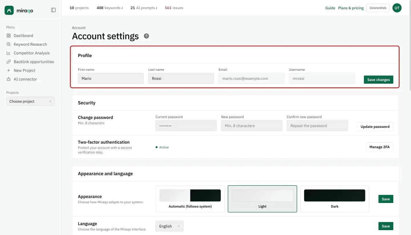 The Account settings page: the Profile card, highlighted, with first name, last name, email, username and Save Changes; below, the Security card with Change Password (current, new and confirm password) and Two-factor authentication