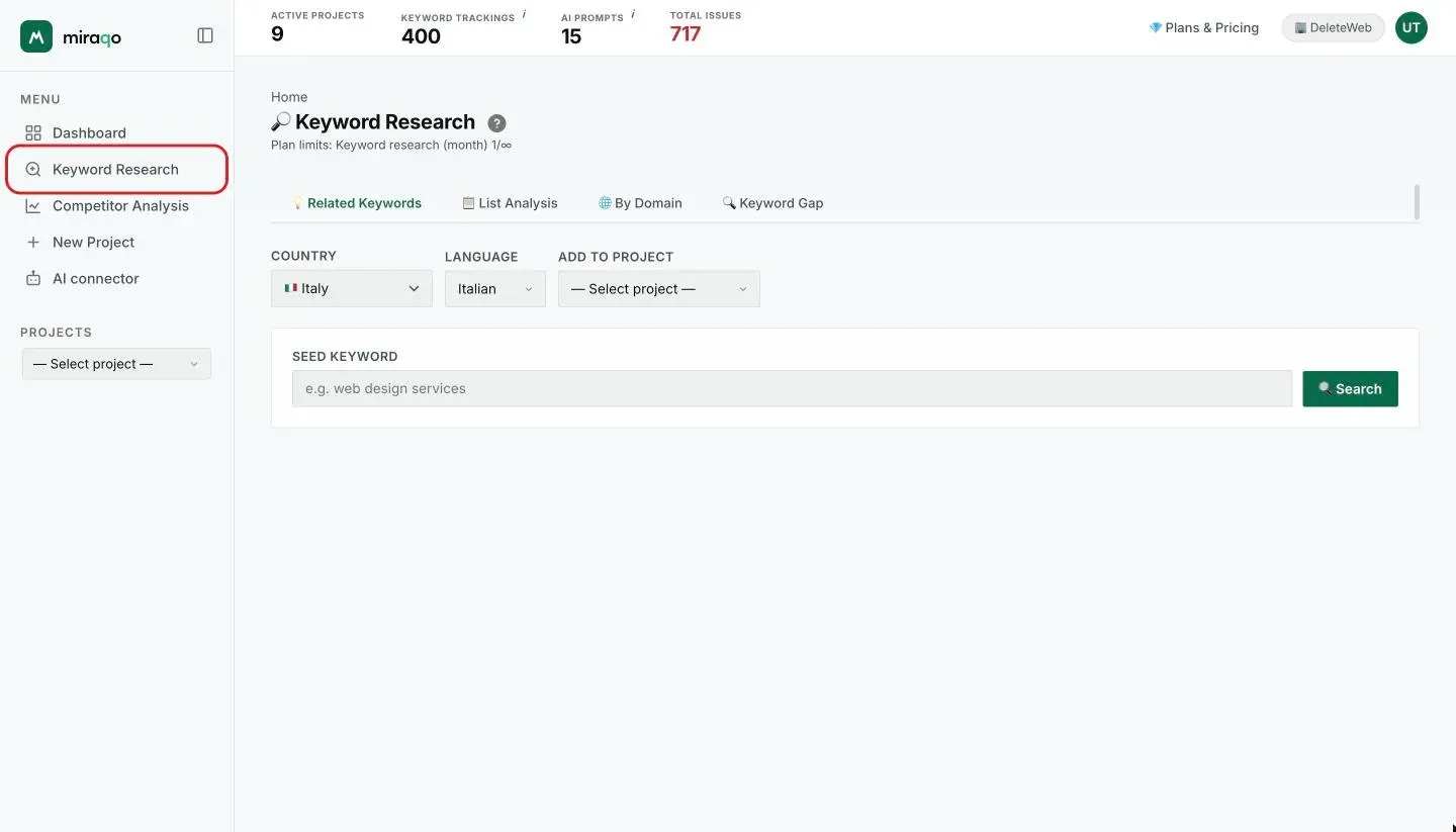 The Keyword Research page: the four modes at the top, the Country, Language and Add to project fields, and the seed Keyword field with the Search button