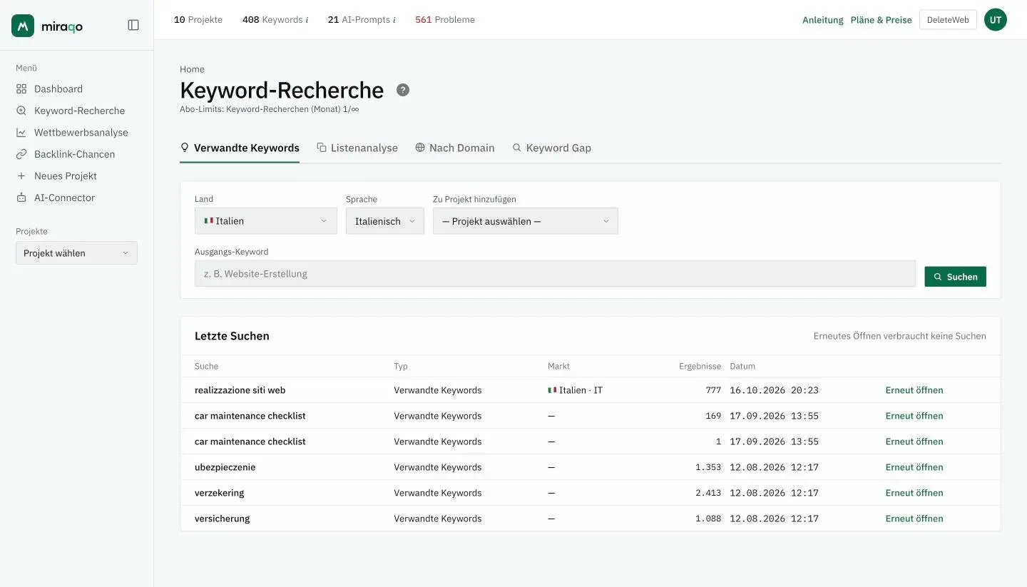 Die Seite Keyword-Recherche: die vier Modi oben, die Felder Land, Sprache und Zu Projekt hinzufügen, und das Feld Startkeyword mit dem Button Suchen