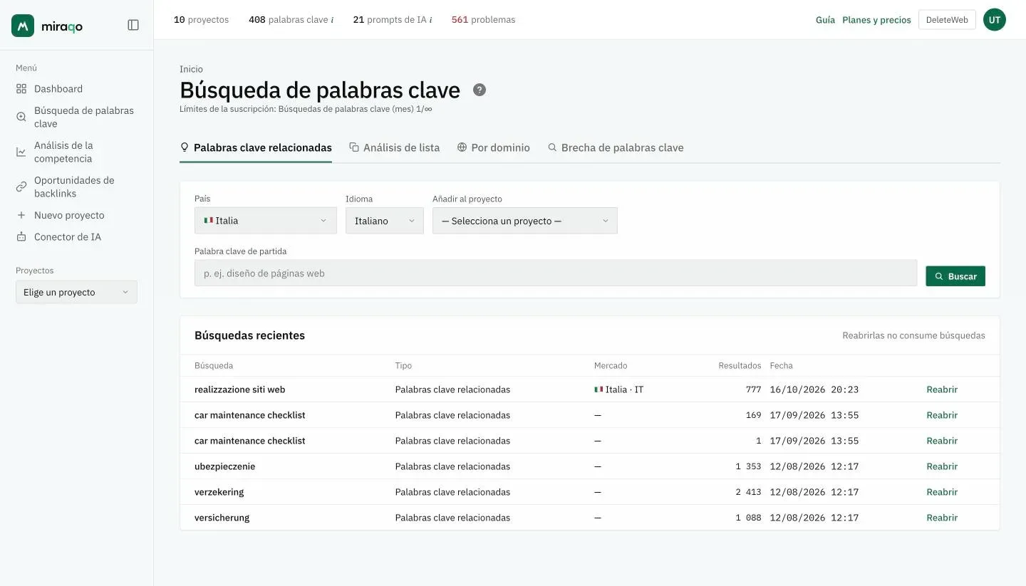 La página Búsqueda de palabras clave: los cuatro modos arriba, los campos País, Idioma y Añadir al proyecto, y el campo Palabra clave de partida con el botón Buscar